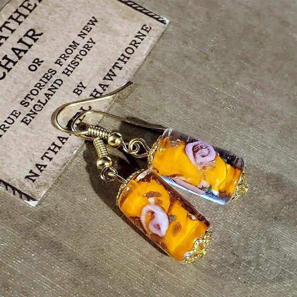 Orange Murano Lampwork Glass Flower Inside Vintage Beads Round Tube Earrings - Picture 5 of 11